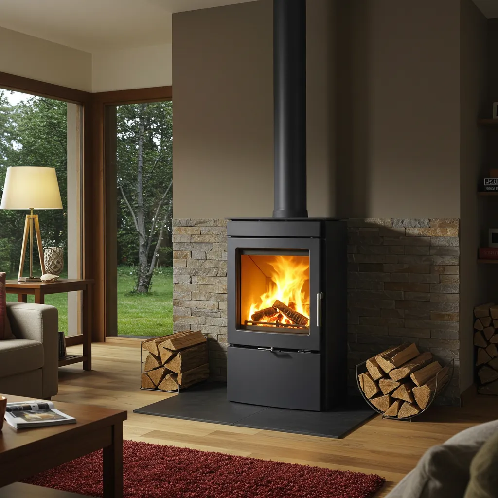 Poêle ou insert bois moderne installé dans un intérieur résidentiel avec chauffage performant