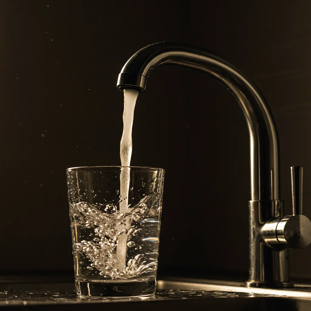 Eau du robinet versée dans un verre avec éclairage naturel doré
