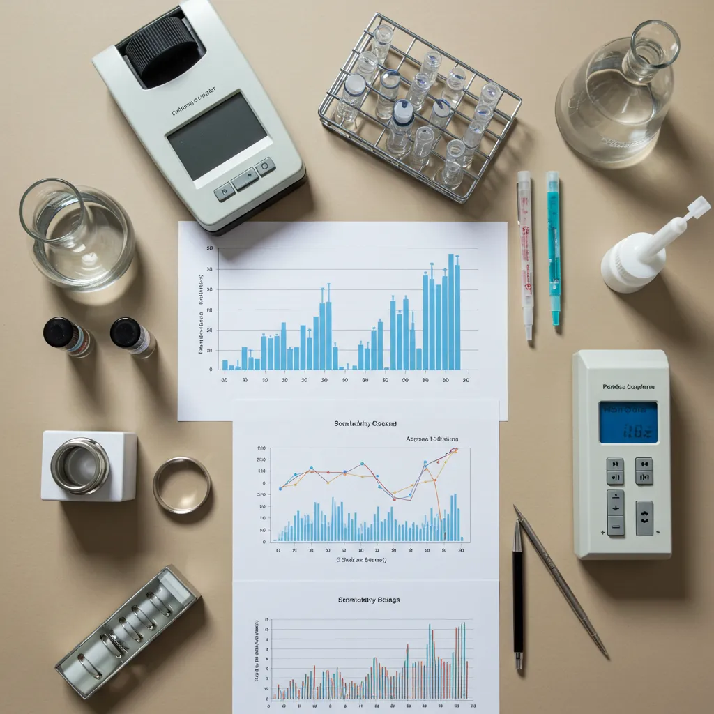 Composition comparant résultats d'analyses et équipement de test d'eau en vue de dessus