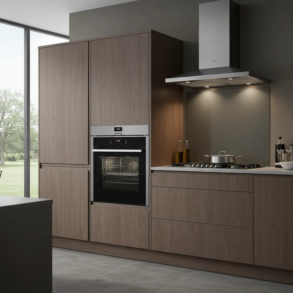 Électroménager encastré moderne dans une cuisine avec four, plaque de cuisson et hotte intégrée