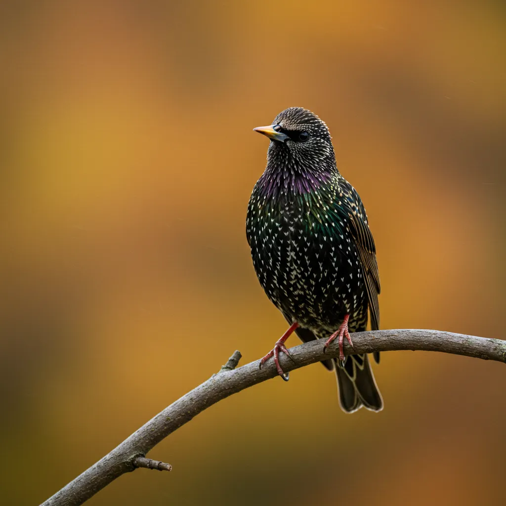 Gros plan d'un étourneau sansonnet montrant le détail de son plumage iridescent en automne