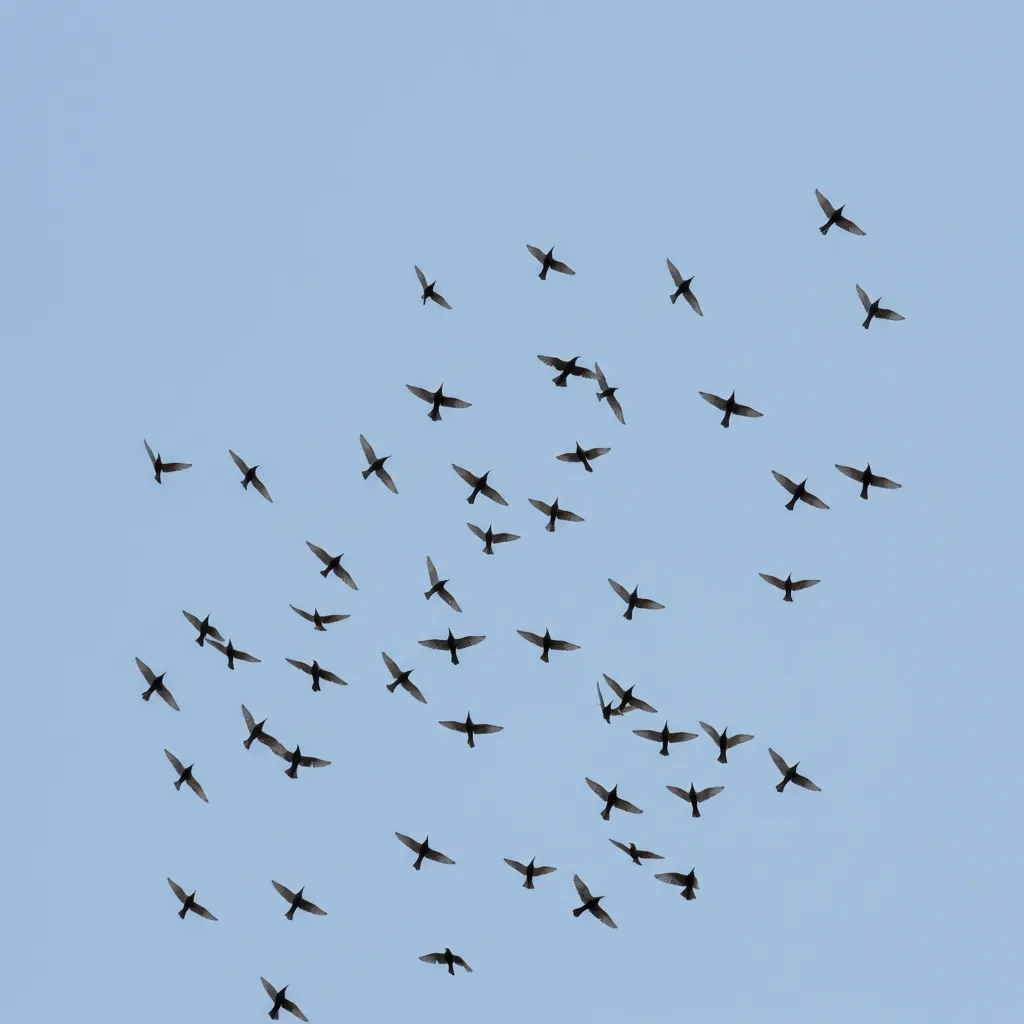 Vol organisé d'étourneaux sansonnets en formation migratoire photographié de bas en haut