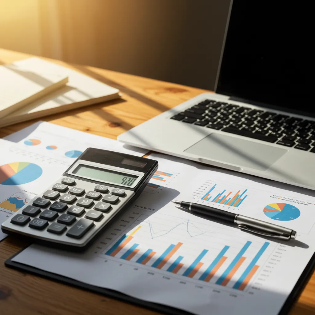 Documents financiers et outils d'analyse sur un bureau professionnel avec éclairage naturel