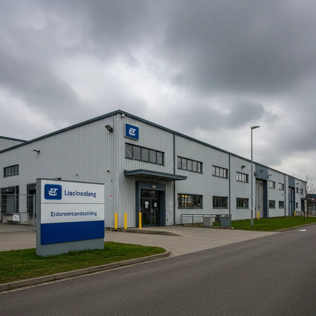 Façade d'un bâtiment industriel en zone d'activité avec éclairage naturel