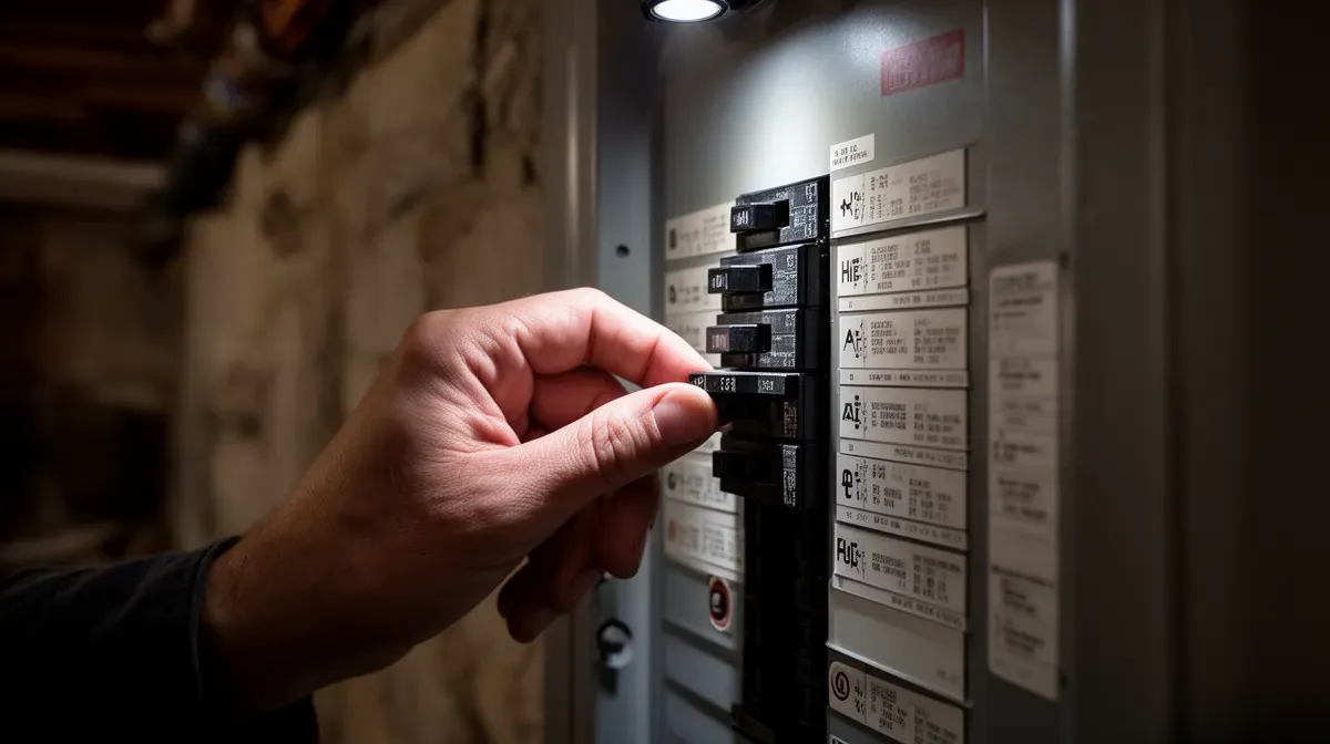 Main actionnant le disjoncteur général d'un tableau électrique domestique pour couper le courant