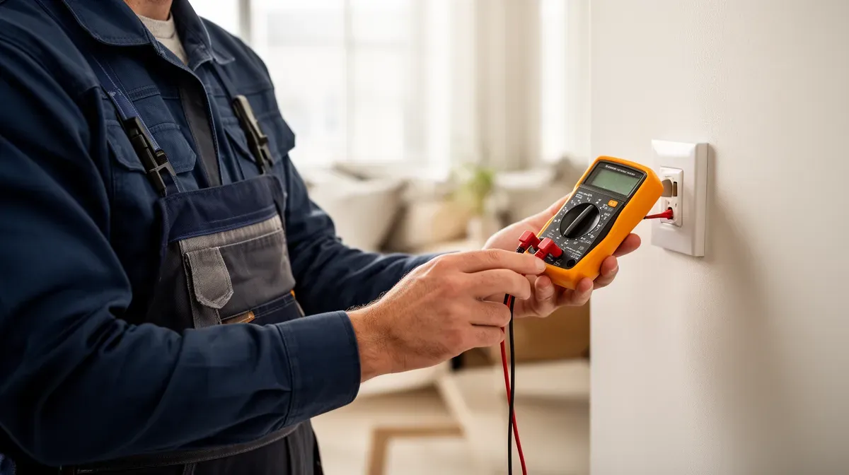 Électricien professionnel testant une prise murale avec un multimètre pour diagnostiquer une tension de 130V