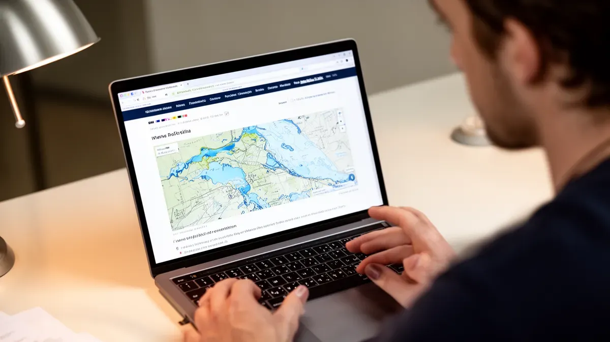 Personne consultant une carte interactive de la qualité de l'eau sur un site gouvernemental, avec un ordinateur portable