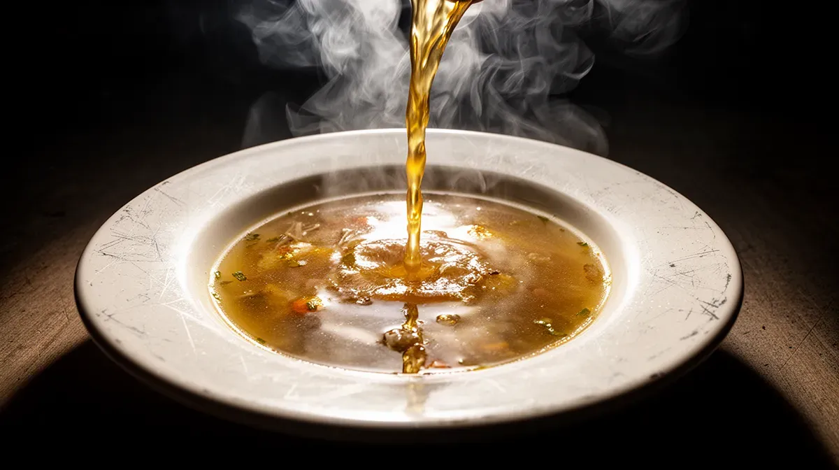 Gros plan sur une assiette en mélamine rayée dans laquelle on verse une soupe chaude, avec de la vapeur