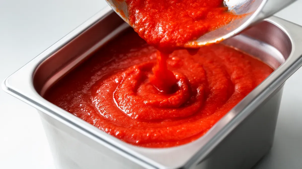 Gros plan sur une sauce tomate versée dans une barquette en aluminium, illustrant le risque de migration de particules métalliques