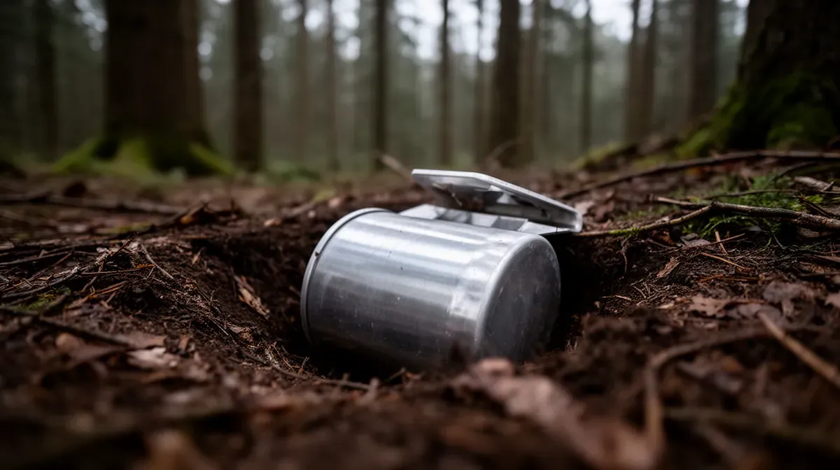 Barquette en aluminium à moitié enfouie dans la terre d'une forêt, symbolisant l'impact environnemental et la lente décomposition