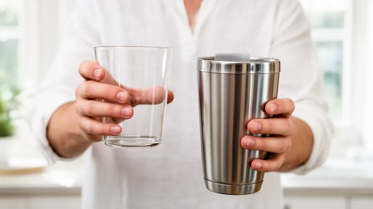 Mains tenant un récipient en verre et un en acier inoxydable, alternatives sûres aux barquettes en aluminium