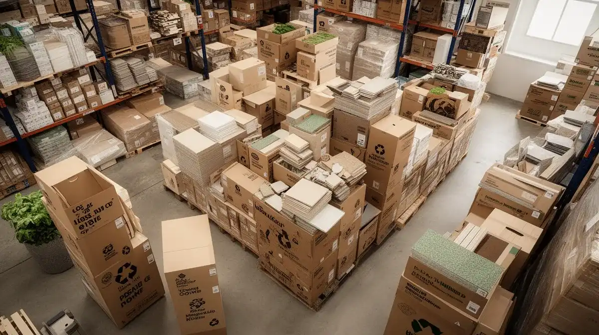 Entrepôt avec des matériaux recyclés et locaux pour une chaîne d'approvisionnement durable
