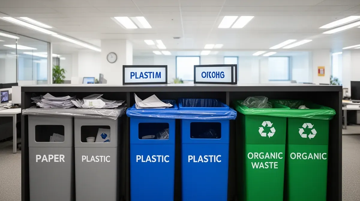 Station de tri des déchets dans un bureau, avec bacs pour papier, plastique et déchets organiques