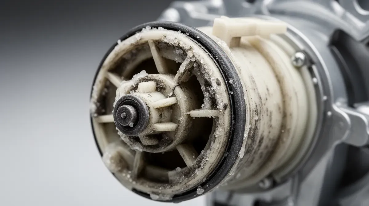 Macro de la pompe de vidange d'un lave-vaisselle usée par une hauteur d'évacuation excessive