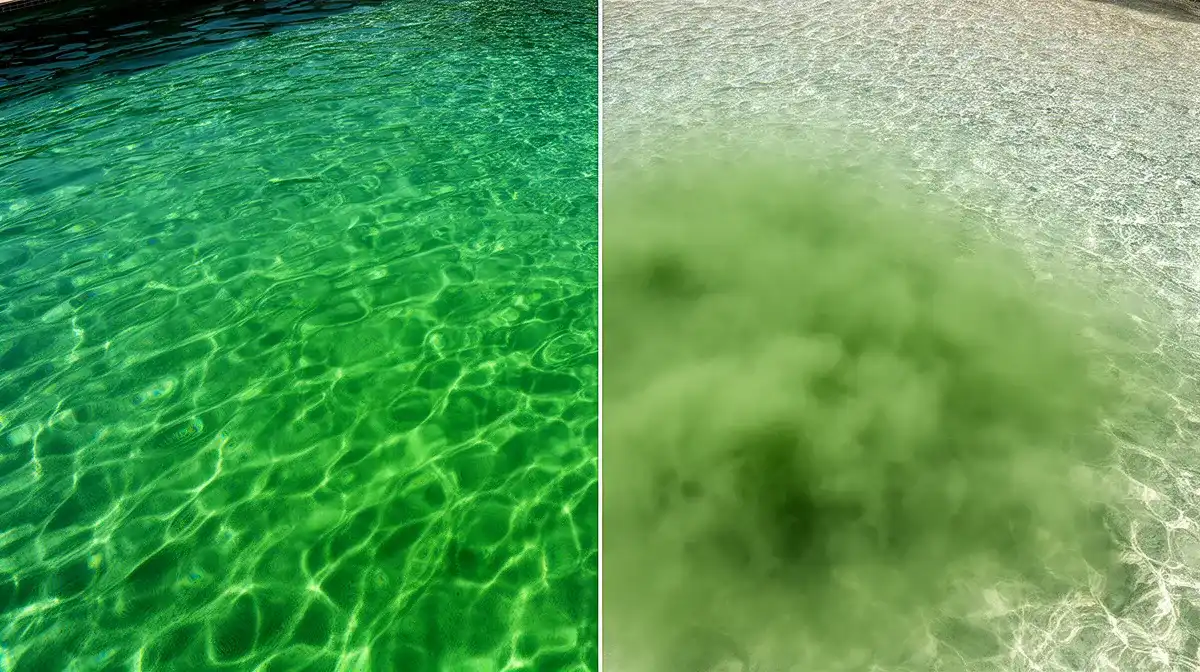Comparaison entre eau de piscine verte limpide et eau verte trouble