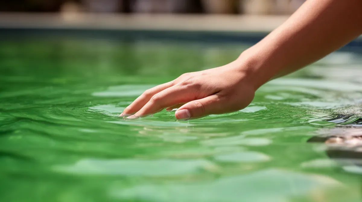 Main touchant l'eau verte d'une piscine