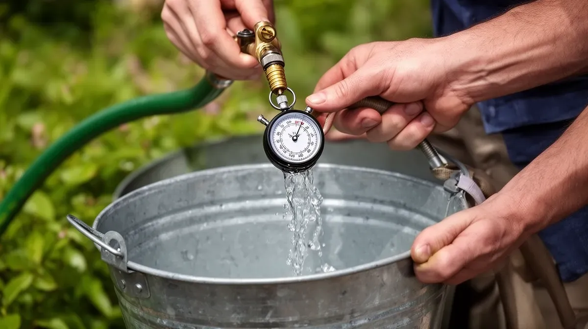 Gros plan sur un seau et un chronomètre pour mesurer le débit d'eau d'un robinet