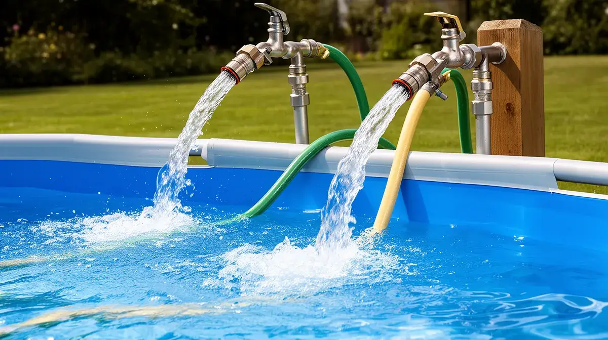 Deux tuyaux d'arrosage branchés sur deux robinets différents remplissant une piscine en même temps