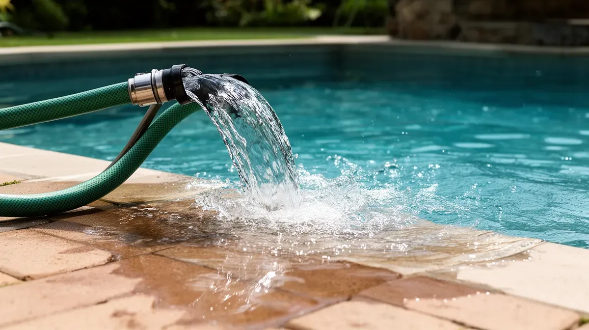 Gros plan sur un tuyau d'arrosage débordant d'une piscine avec de l'eau qui se répand sur le sol