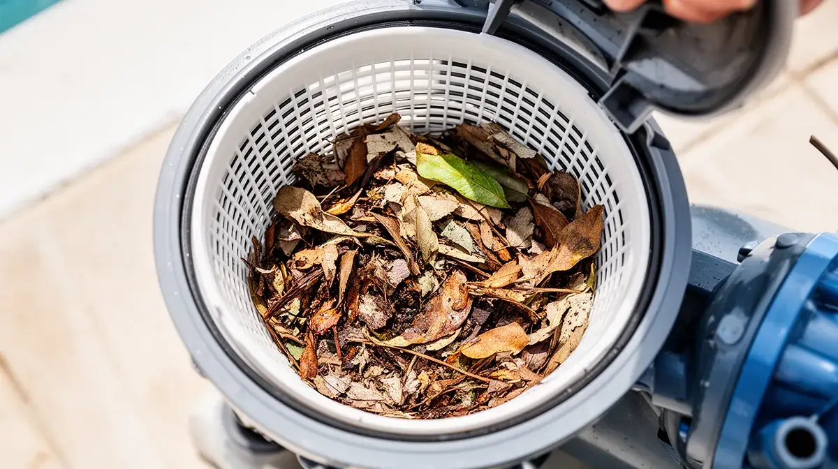 Gros plan sur le panier du préfiltre d'une pompe de piscine en cours de nettoyage, avec des feuilles et débris visibles