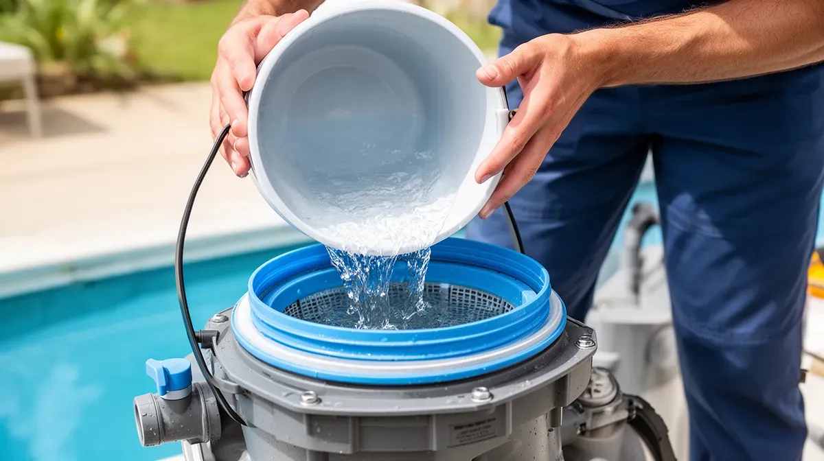 Personne versant de l'eau dans le préfiltre d'une pompe de piscine à l'aide d'un seau, amorçage en cours