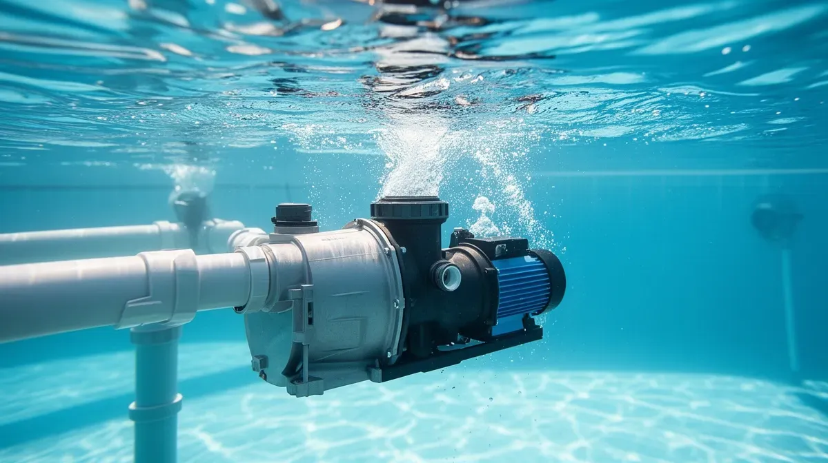 Pompe de piscine installée en contrebas du niveau d'eau, avec tuyaux et eau en circulation