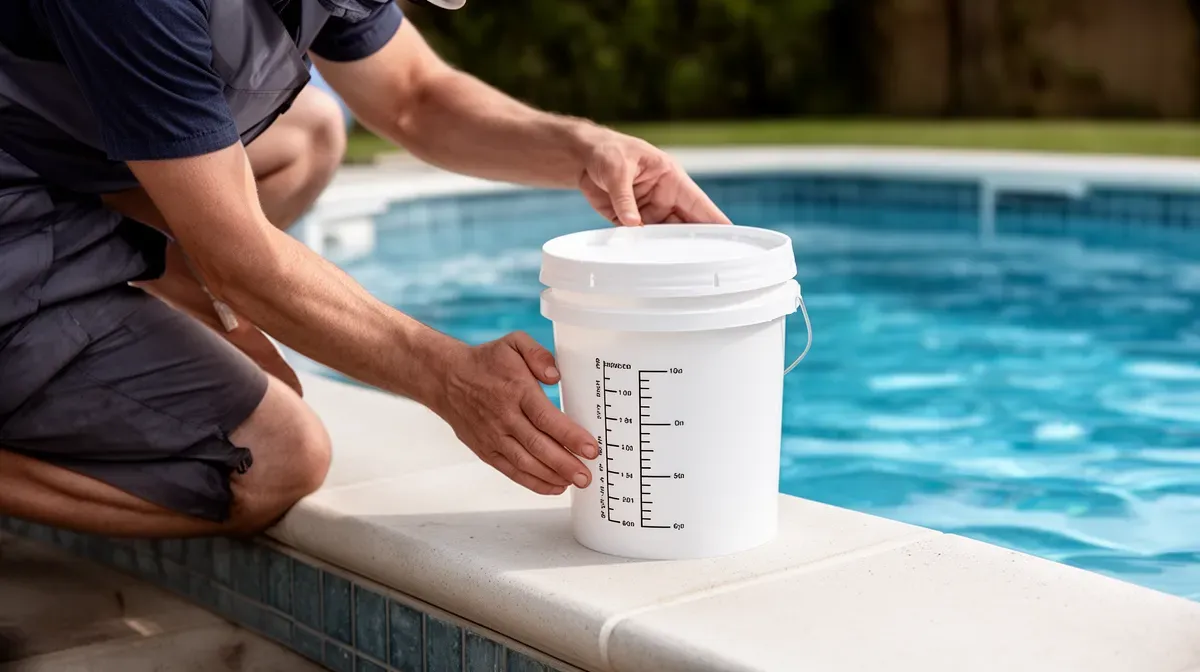 Test du seau pour détecter une fuite de piscine : seau posé sur une marche avec marquages de niveau