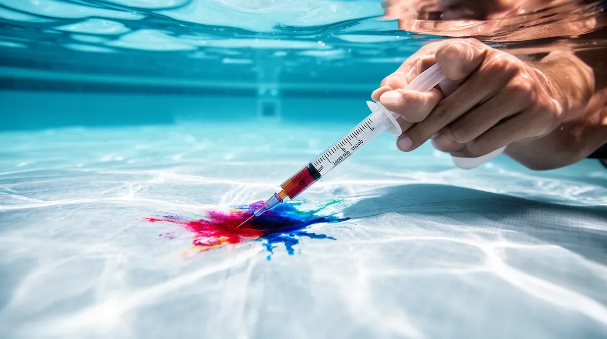 Localisation d'une fuite de piscine avec du colorant alimentaire injecté près d'une zone suspecte