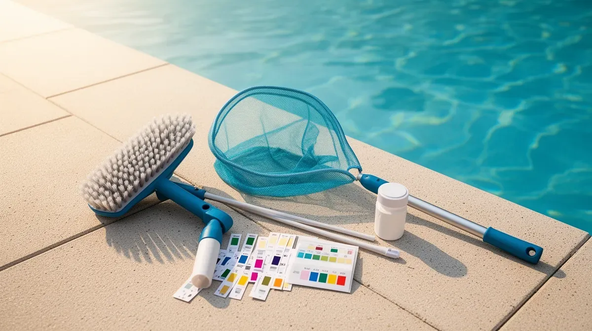 Kit d'entretien préventif pour piscine : brosse, épuisette et bandelettes de test