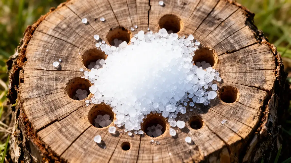 Gros plan sur une souche d'arbre avec des trous percés remplis de sel d'Epsom