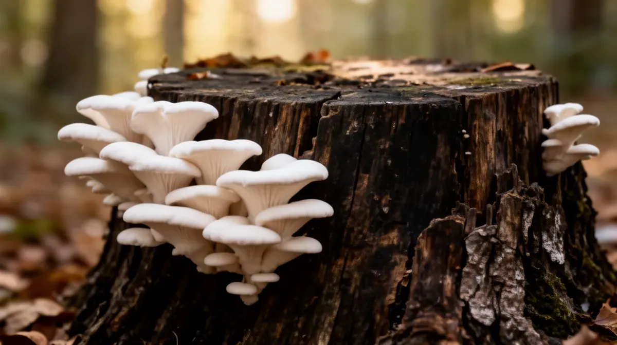 Pleurotes poussant sur une souche d'arbre en décomposition