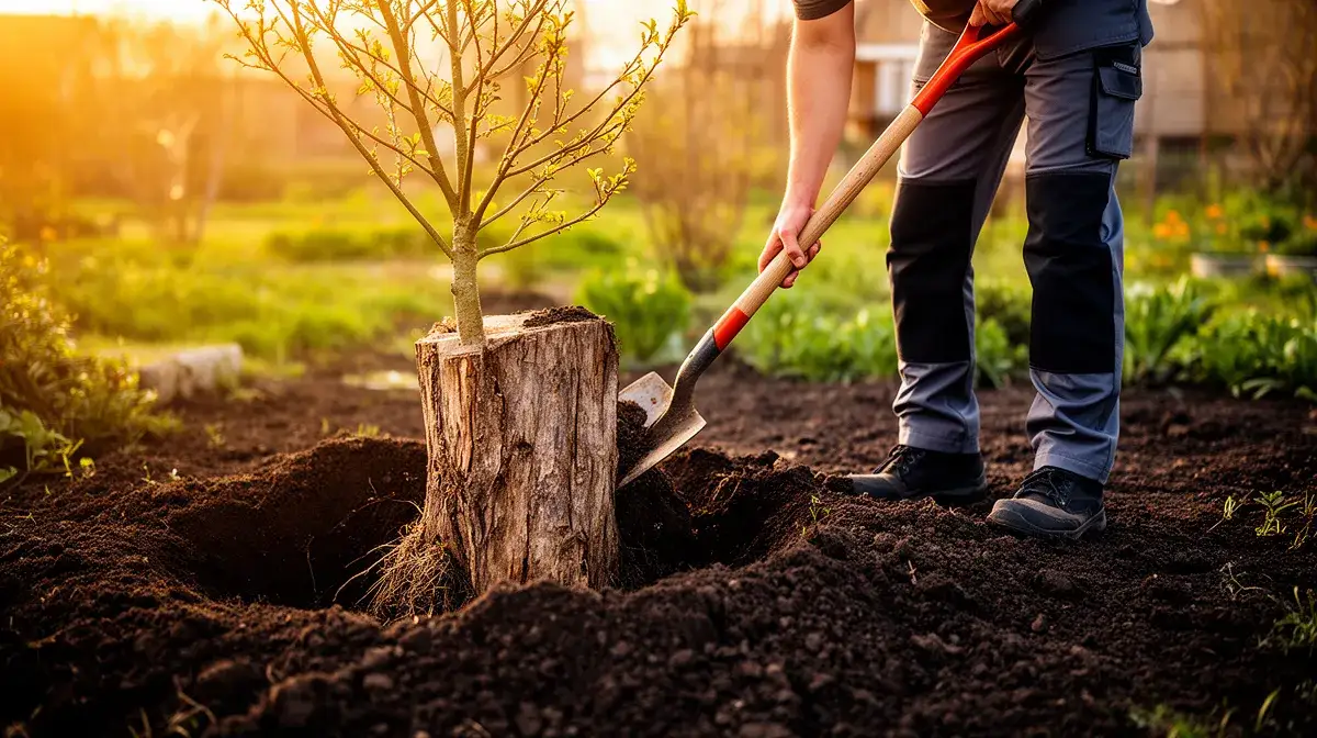 Jardinier creusant autour d'une petite souche d'arbre avec une pelle