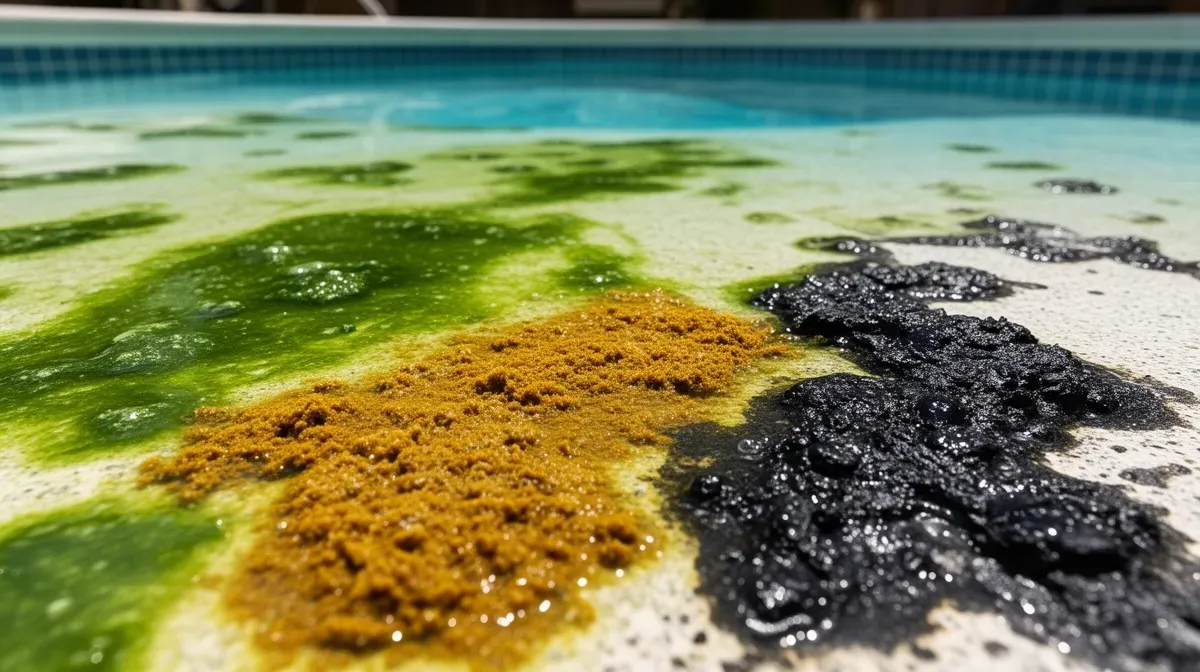Gros plan sur différents types d'algues au fond d'une piscine : vertes, moutarde et noires