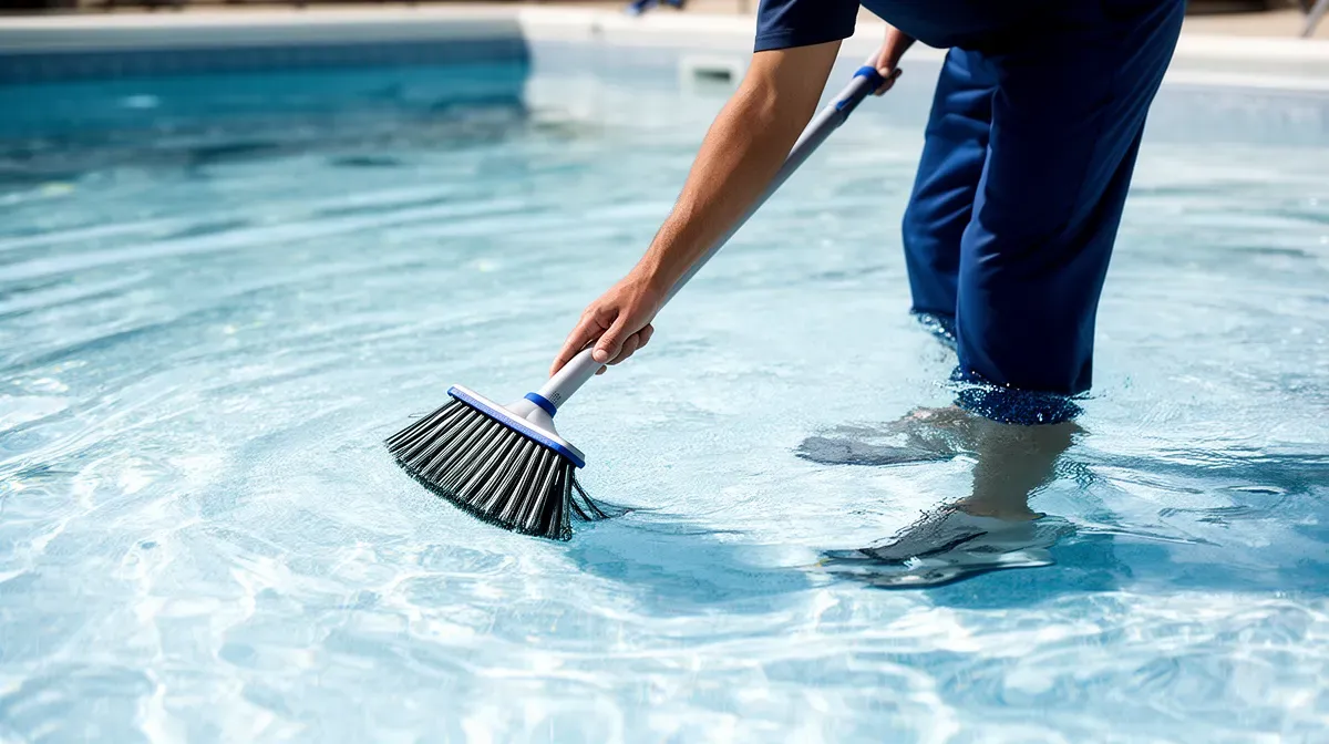 Personne brossant vigoureusement le fond d'une piscine pour détacher les algues
