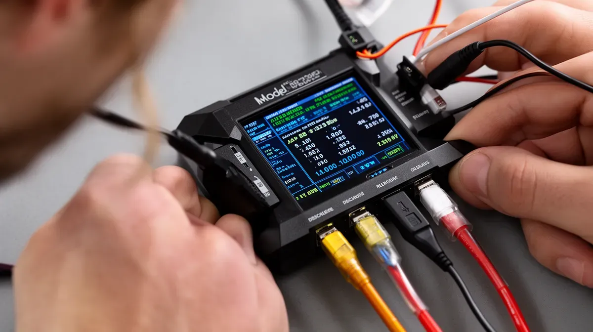 Gros plan sur un chargeur de modélisme en mode décharge avec une batterie LiPo branchée