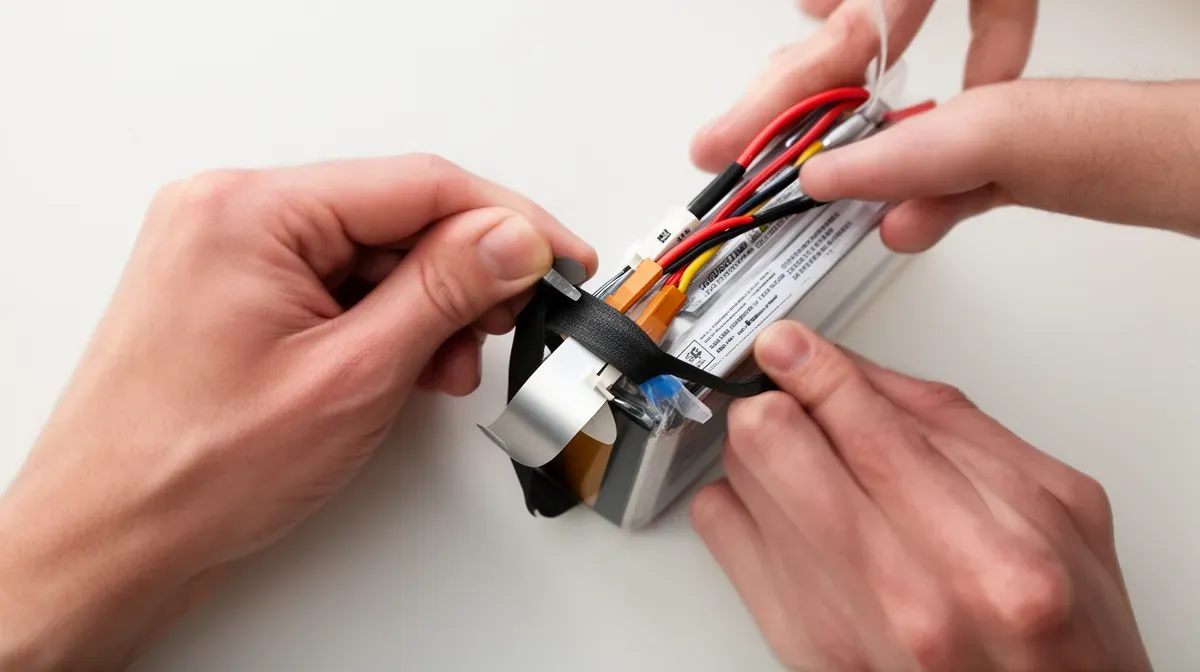 Mains enrubannant les connecteurs d'une batterie LiPo avec du ruban électrique