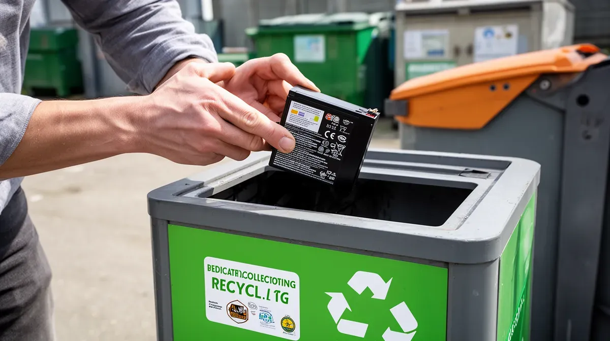 Personne déposant une batterie LiPo dans un bac de collecte agréé en déchetterie