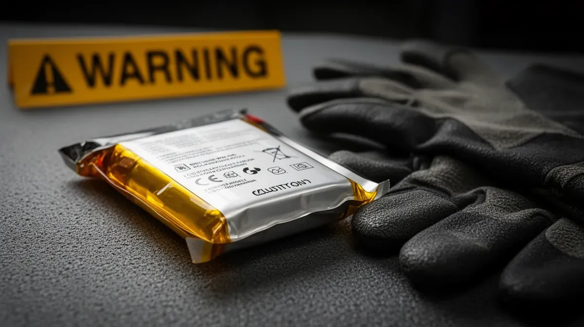 Batterie LiPo gonflée posée sur une surface ininflammable avec un panneau d'avertissement