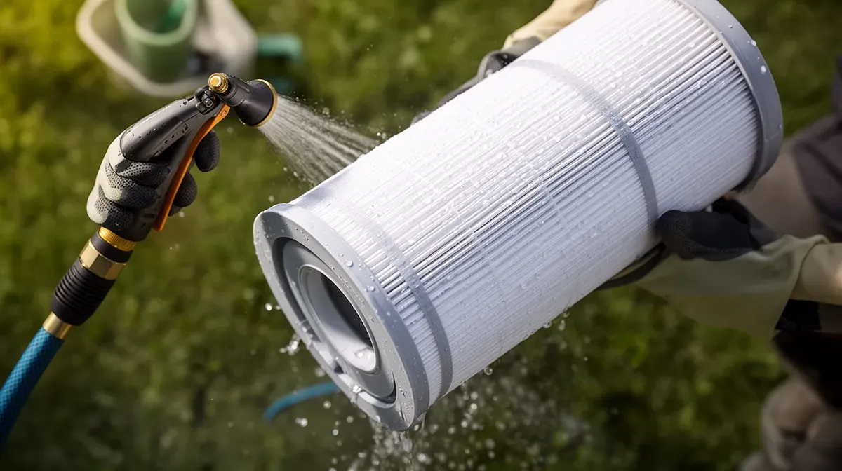 Nettoyage d'une cartouche de filtre de piscine au jet d'eau