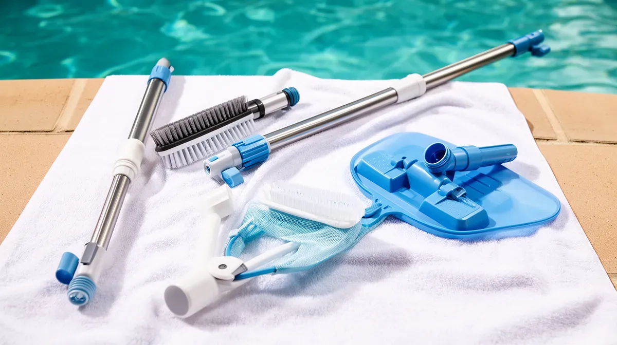 Ensemble d'outils de nettoyage manuel pour piscine : manche télescopique, brosses, balai manuel et épuisette