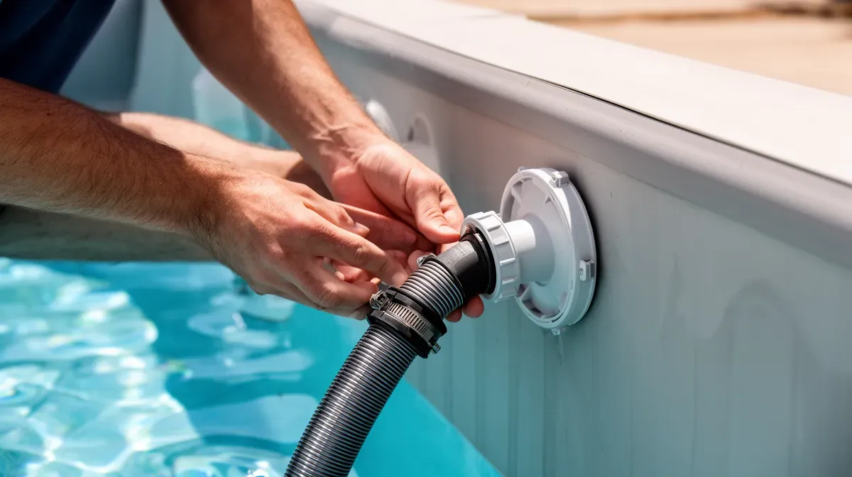Branchement du tuyau de balai manuel à la prise skimmer de la piscine