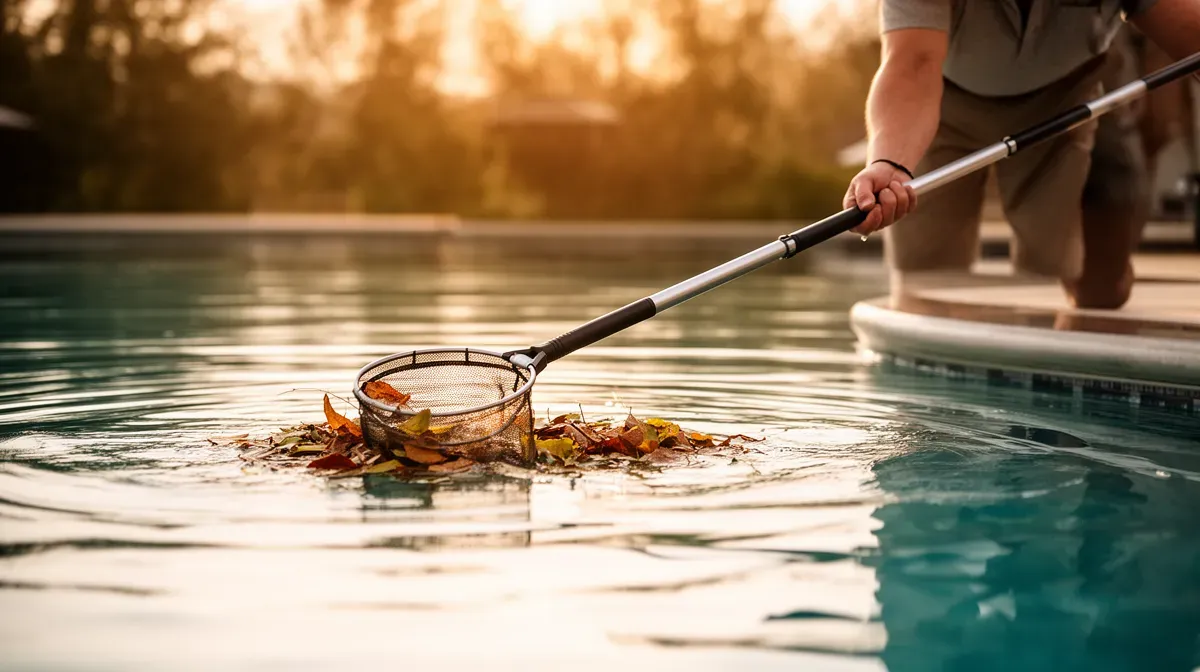 Utilisation d'une épuisette de fond pour retirer les feuilles d'une piscine