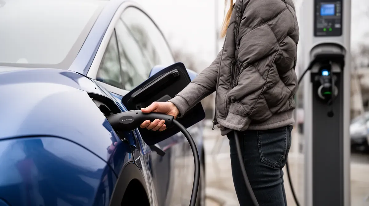 Personne branchant un câble de recharge sur une voiture électrique dans une station publique