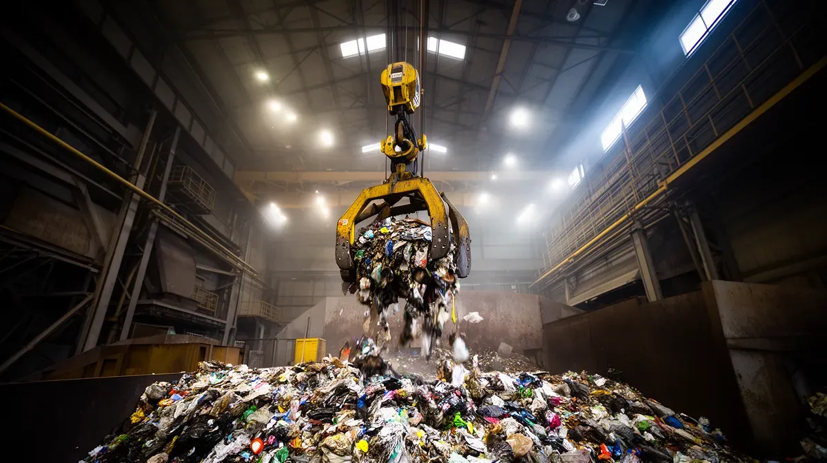 Intérieur d'une usine d'incinération avec une grue saisissant des déchets