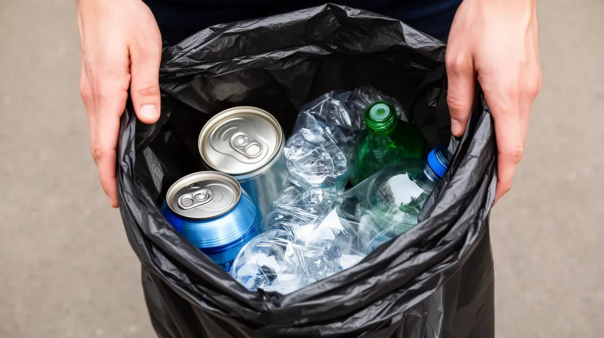 Gros plan sur des mains tenant un sac poubelle noir contenant des canettes et bouteilles recyclables