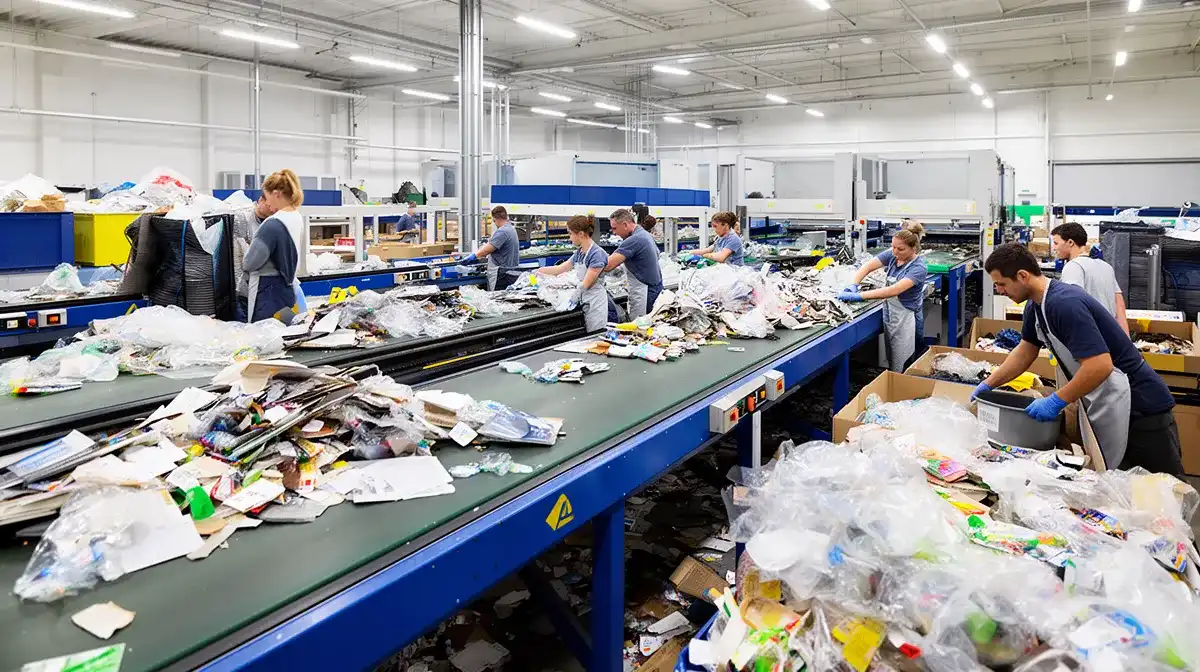 Centre de tri avec tapis roulant et employés triant des matières recyclables