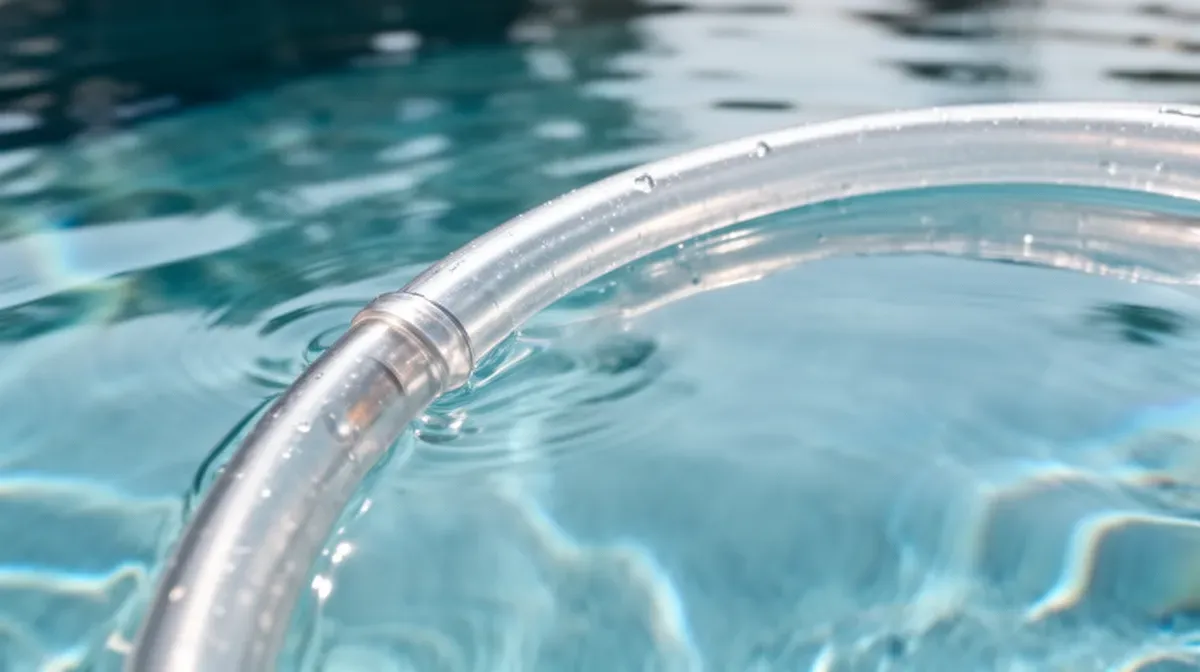 Gros plan sur un tuyau immergé dans l'eau de piscine, prêt à amorcer un siphon