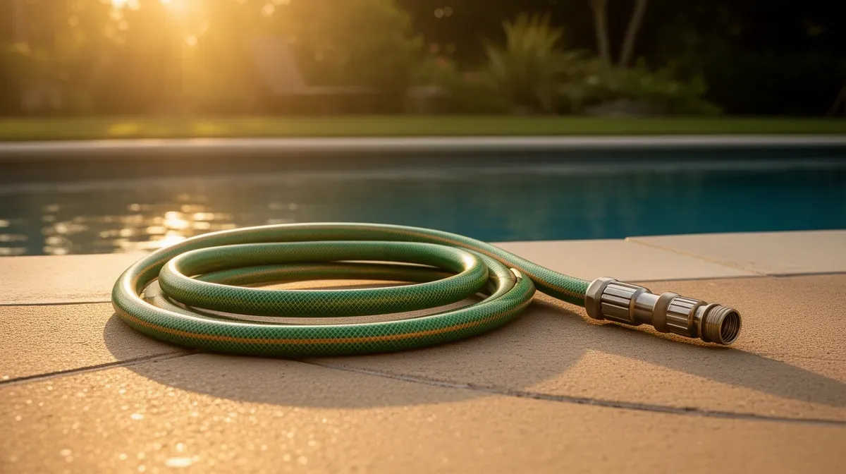 Tuyau d'arrosage déroulé sur le bord d'une piscine, prêt pour la vidange