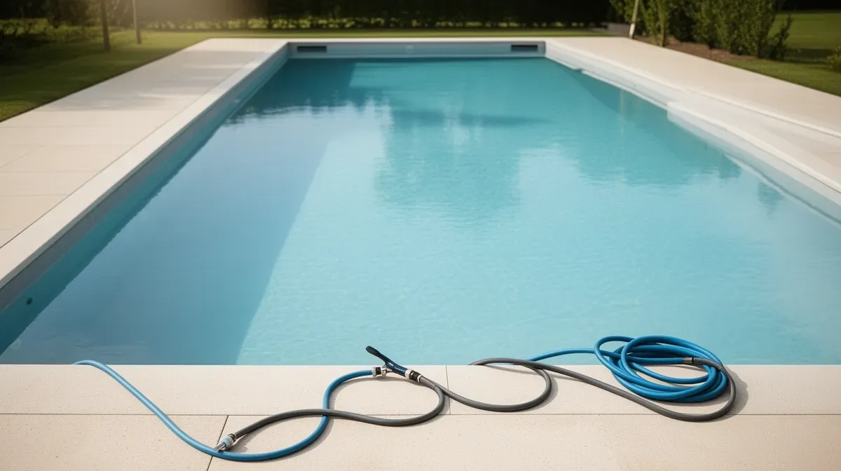 Piscine propre et vide après une vidange partielle, avec un tuyau rangé sur le bord