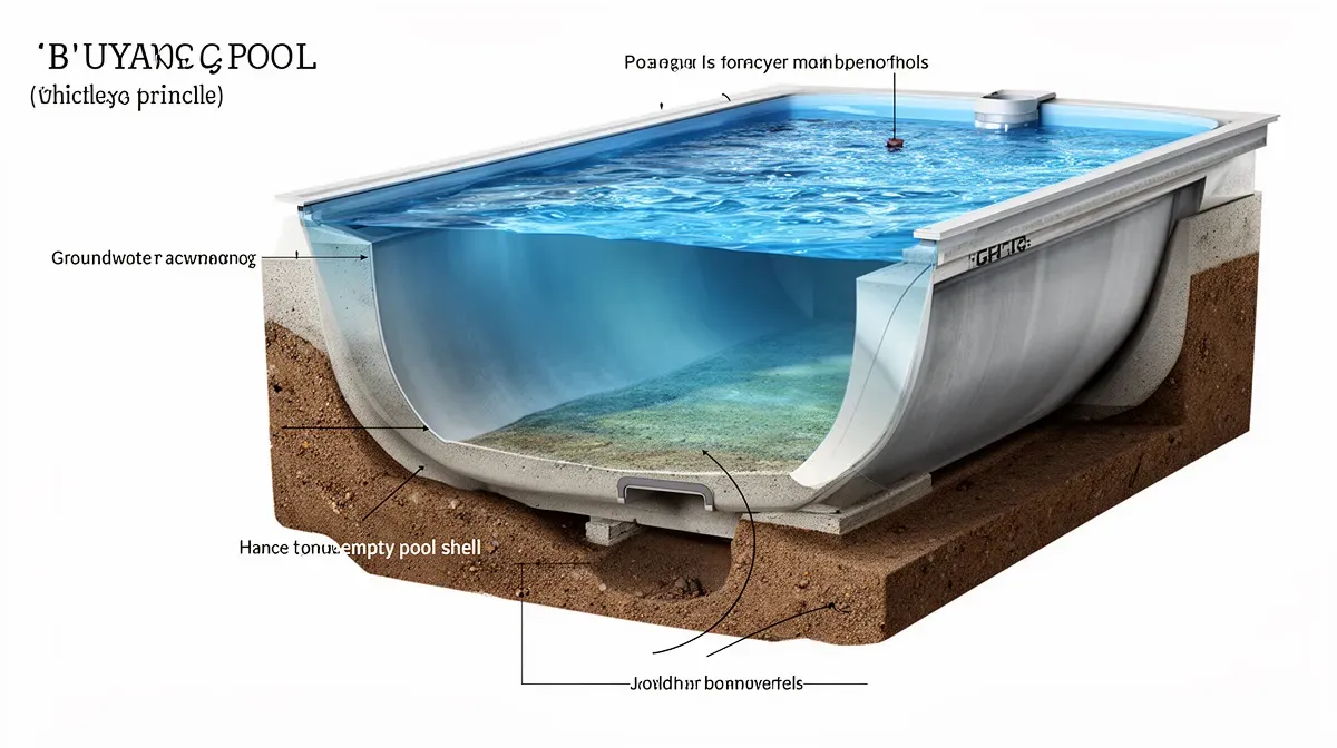 Schéma illustrant la poussée d'Archimède sur une piscine vide avec les eaux souterraines